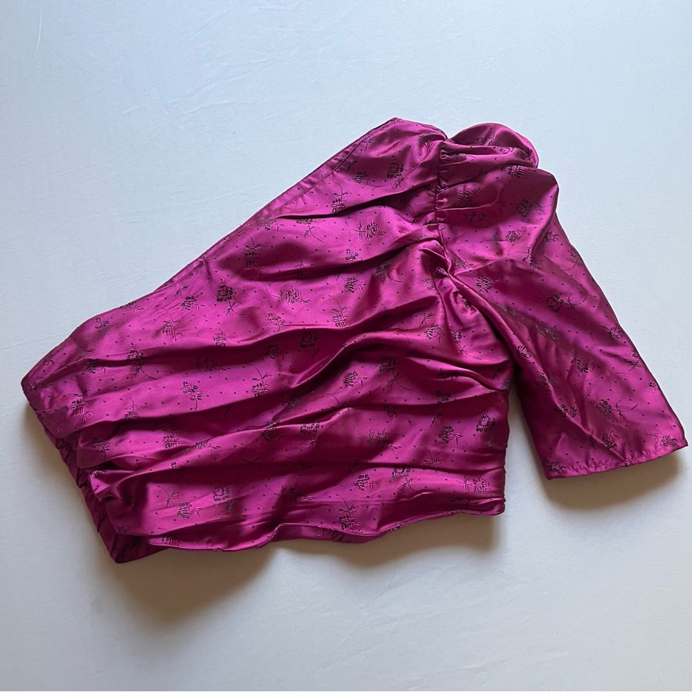 MAJORELLE revolve purple magenta pink satin one shoulder pleated ruched crop top